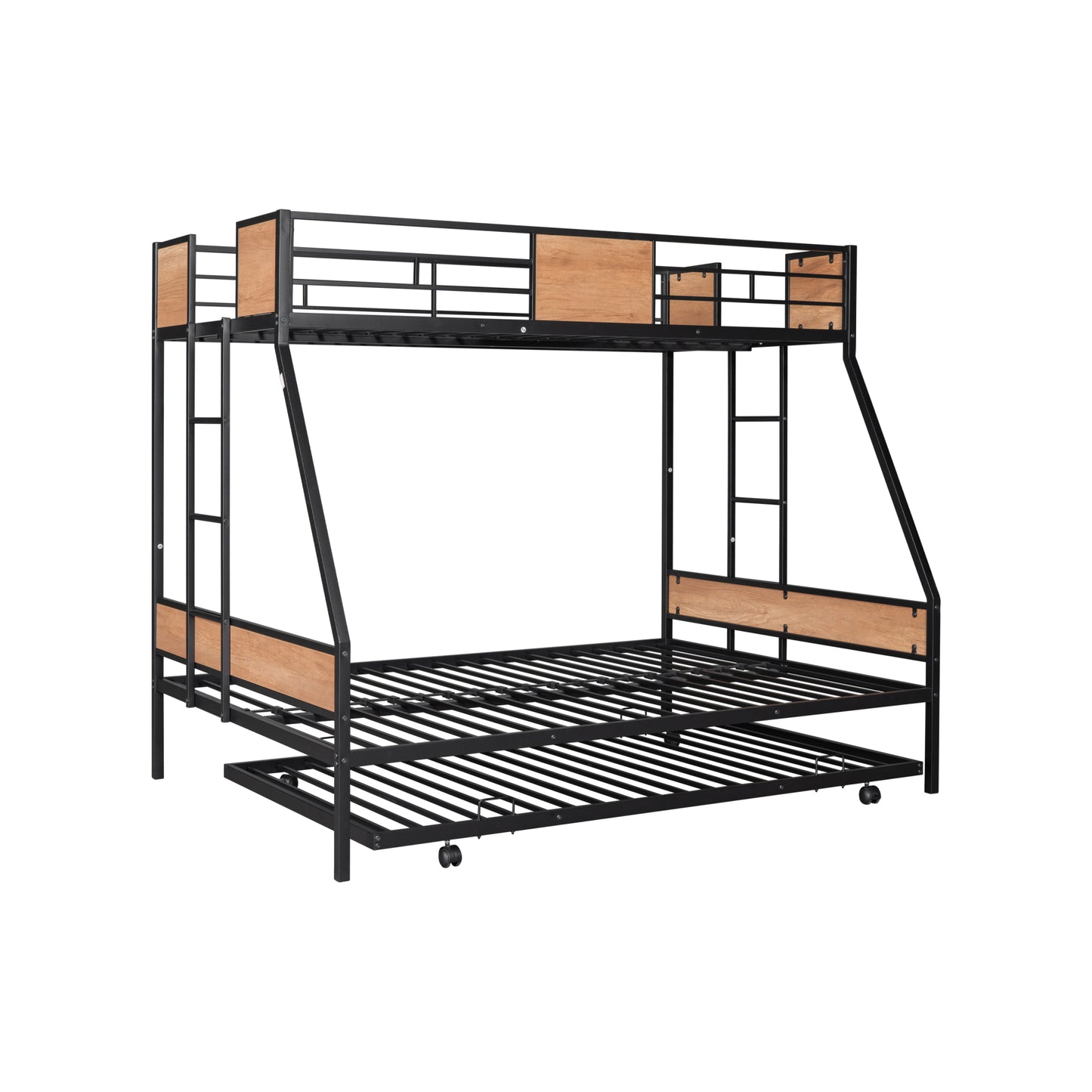 Sturdy Twin Over Full Bunk Bed with Trundle and Guardrail Space-Saving Design for Three with Wooden Accents