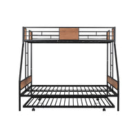 Sturdy Twin Over Full Bunk Bed with Trundle and Guardrail Space-Saving Design for Three with Wooden Accents