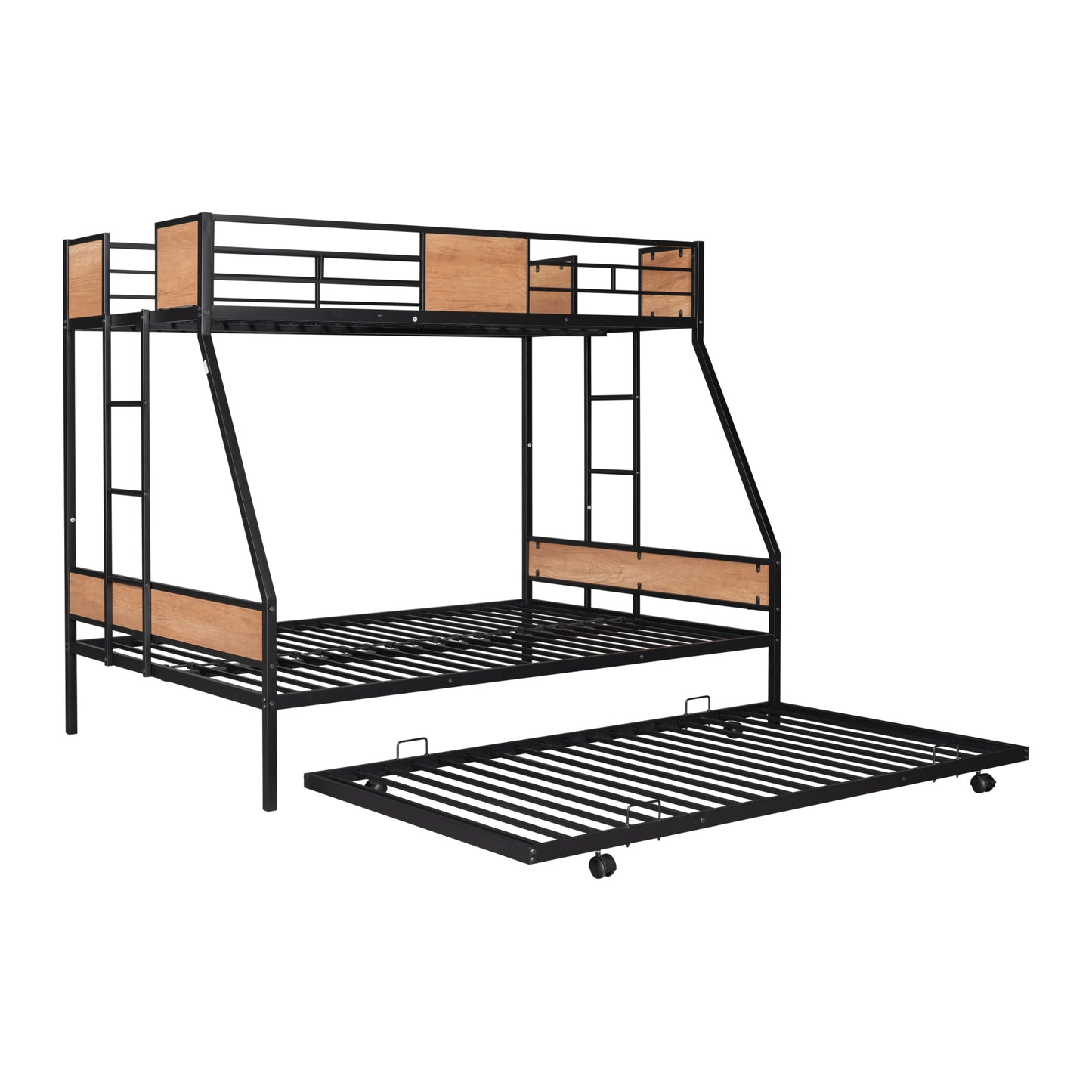 Sturdy Twin Over Full Bunk Bed with Trundle and Guardrail Space-Saving Design for Three with Wooden Accents