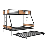 Sturdy Twin Over Full Bunk Bed with Trundle and Guardrail Space-Saving Design for Three with Wooden Accents