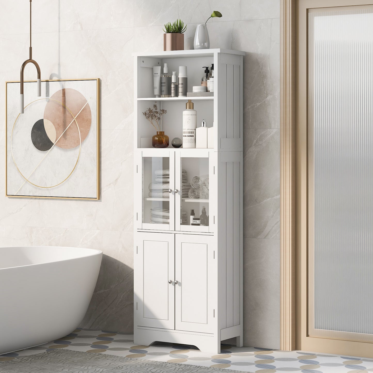 White Tall Storage Cabinet with Shelves and Doors, Versatile MDF Organizer for Bathroom, Kitchen, Living Room