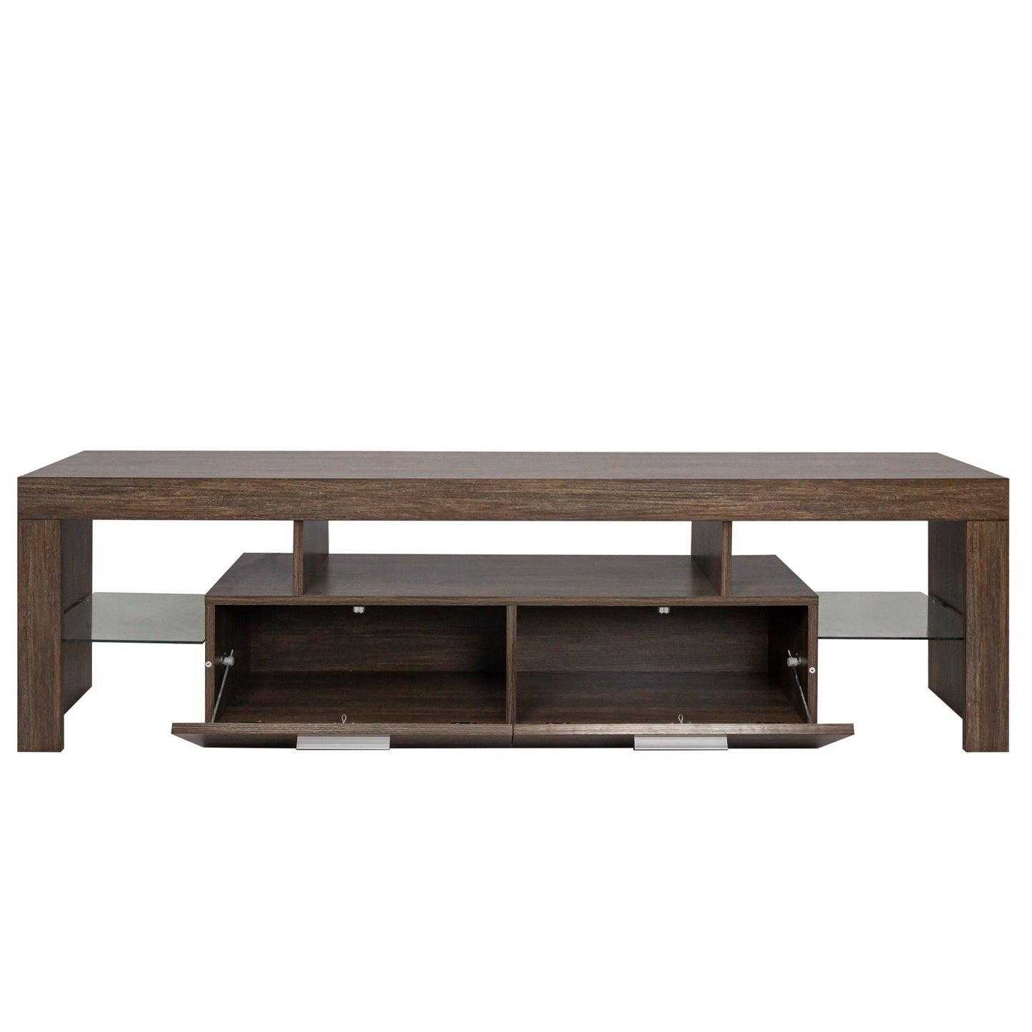 Modern TV Stand with LED Light Belt, Media Console for Living Room/Bedroom, Toughened Glass Shelf & Metal Handle, Brown Entertainment Center