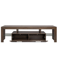 Modern TV Stand with LED Light Belt, Media Console for Living Room/Bedroom, Toughened Glass Shelf & Metal Handle, Brown Entertainment Center