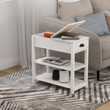 Narrow Side Table with Drawers and Bottom Storage - Flip Over Design, White Finish