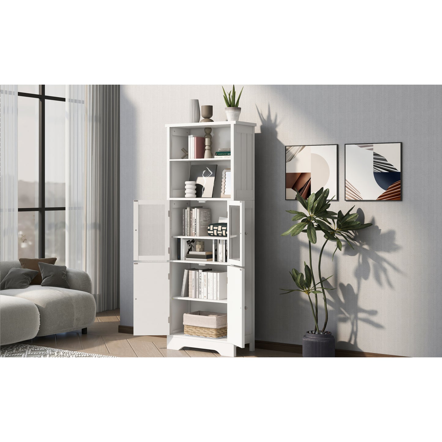 White Tall Storage Cabinet with Shelves and Doors, Versatile MDF Organizer for Bathroom, Kitchen, Living Room