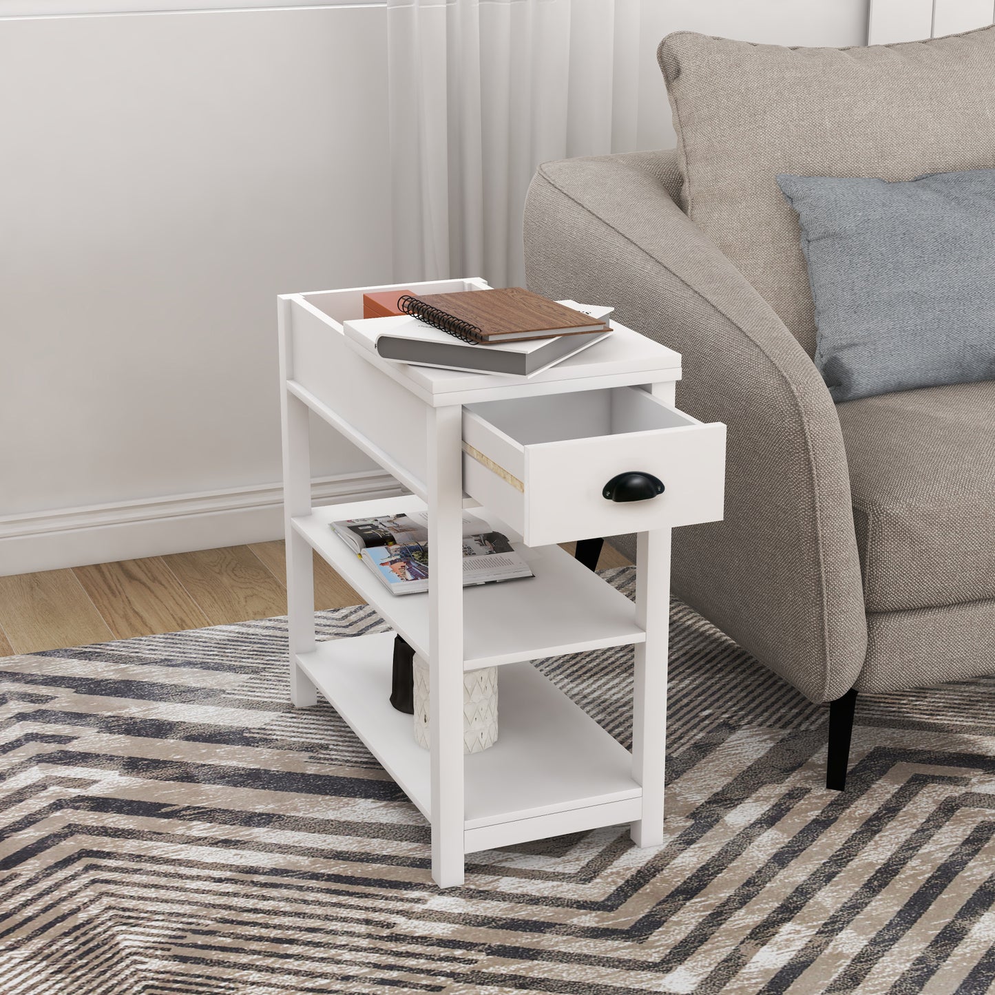 Narrow Side Table with Drawers and Bottom Storage - Flip Over Design, White Finish