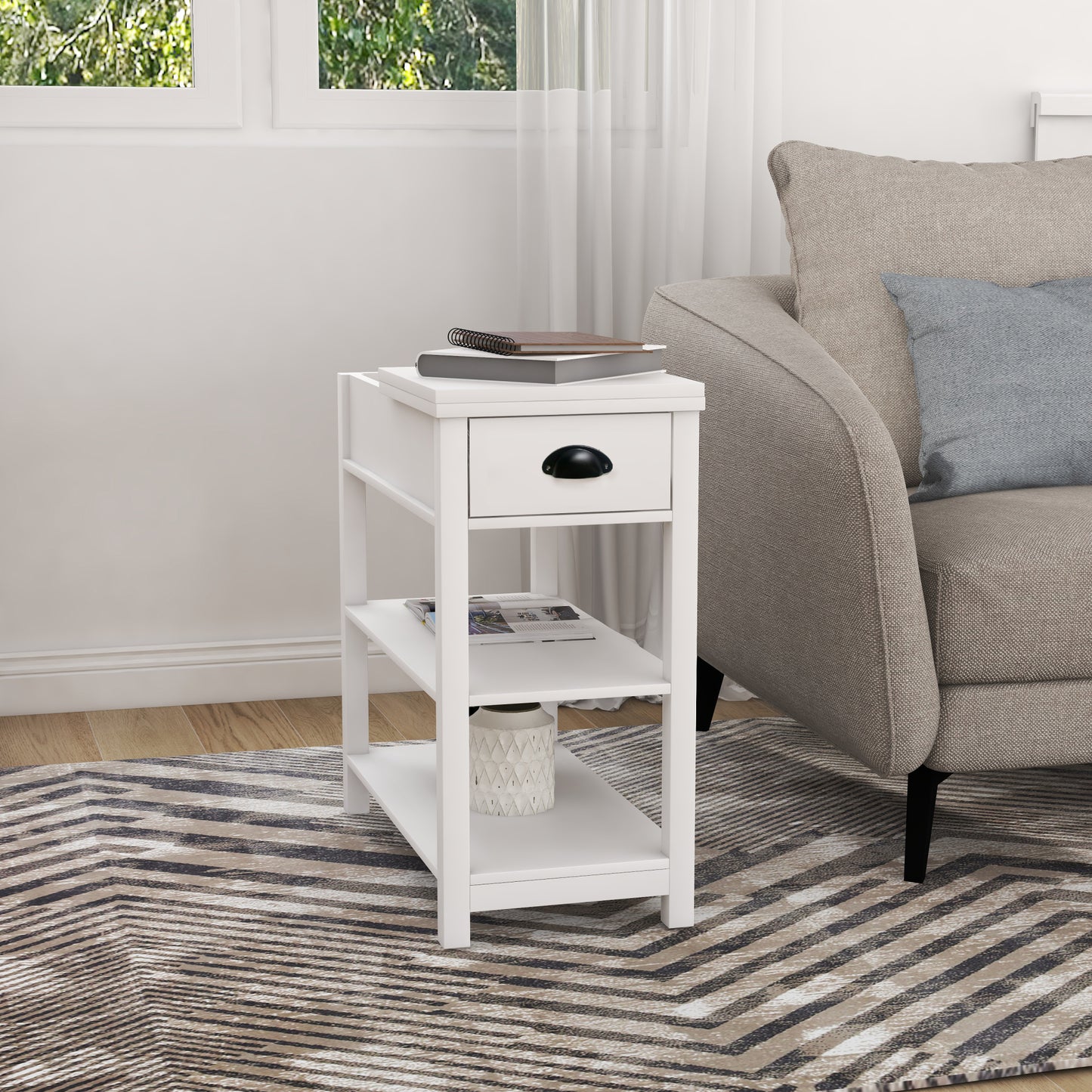 Narrow Side Table with Drawers and Bottom Storage - Flip Over Design, White Finish