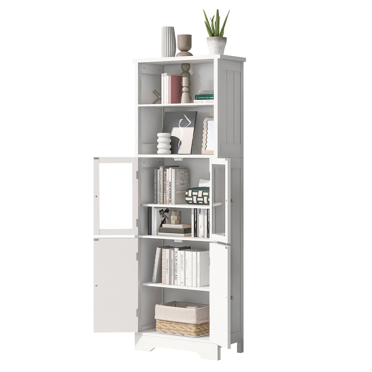 White Tall Storage Cabinet with Shelves and Doors, Versatile MDF Organizer for Bathroom, Kitchen, Living Room