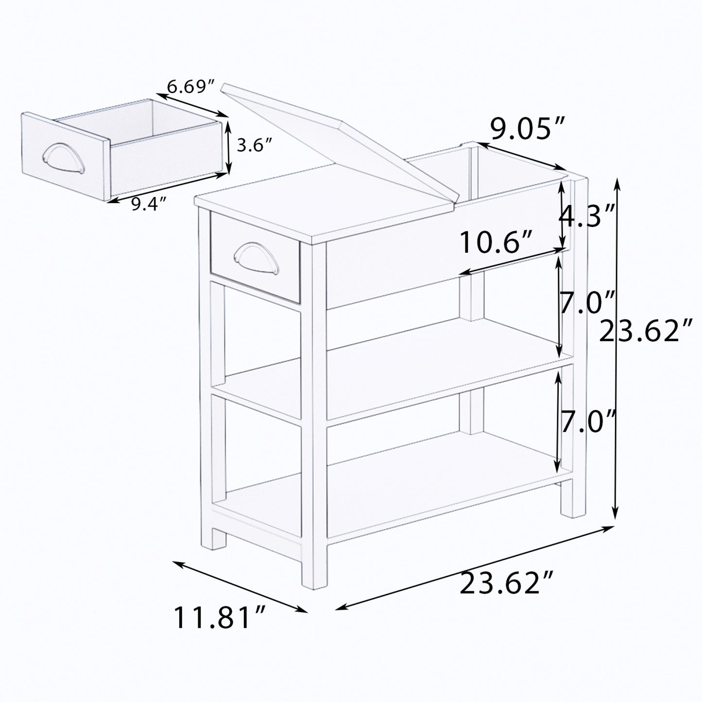 Narrow Side Table with Drawers and Bottom Storage - Flip Over Design, White Finish