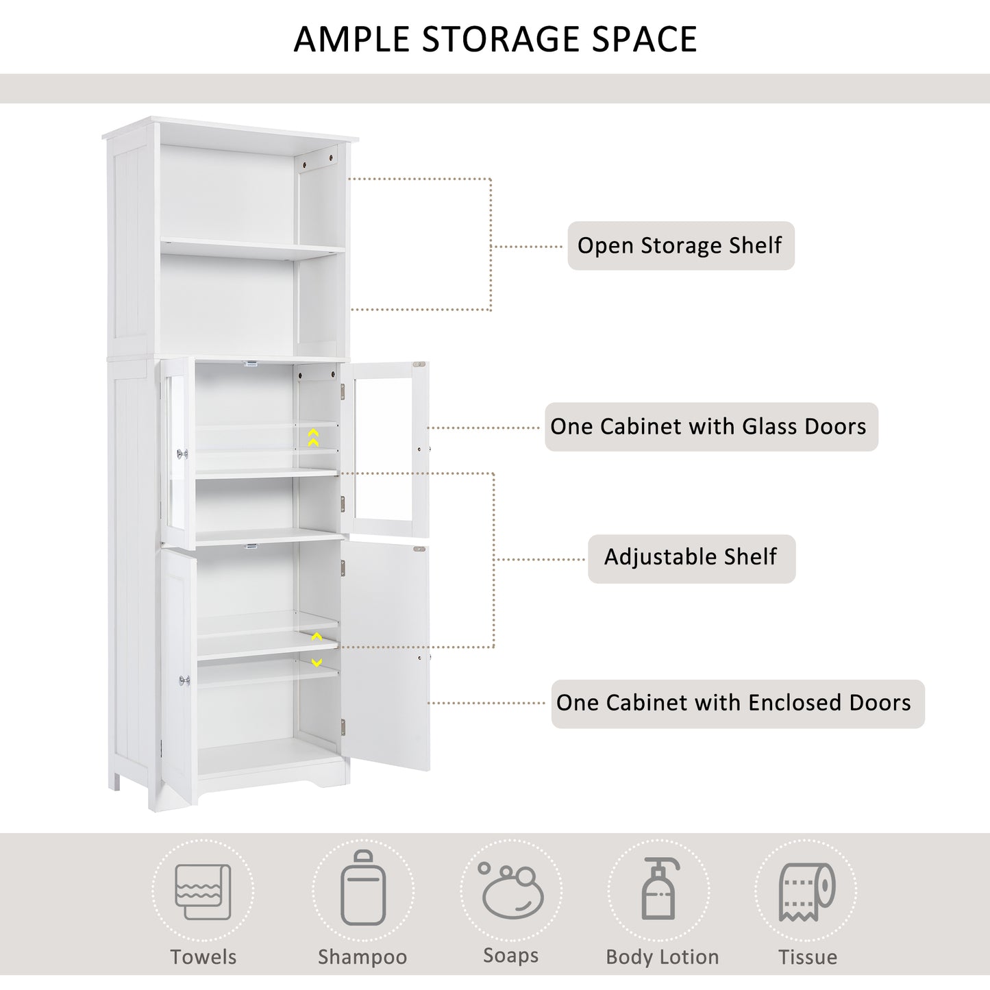 White Tall Storage Cabinet with Shelves and Doors, Versatile MDF Organizer for Bathroom, Kitchen, Living Room