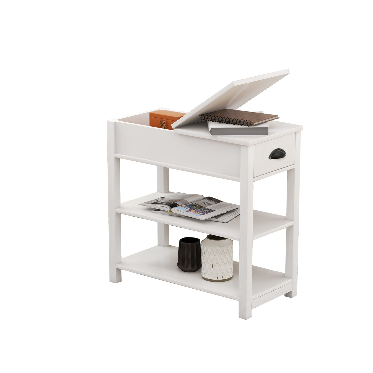 Narrow Side Table with Drawers and Bottom Storage - Flip Over Design, White Finish