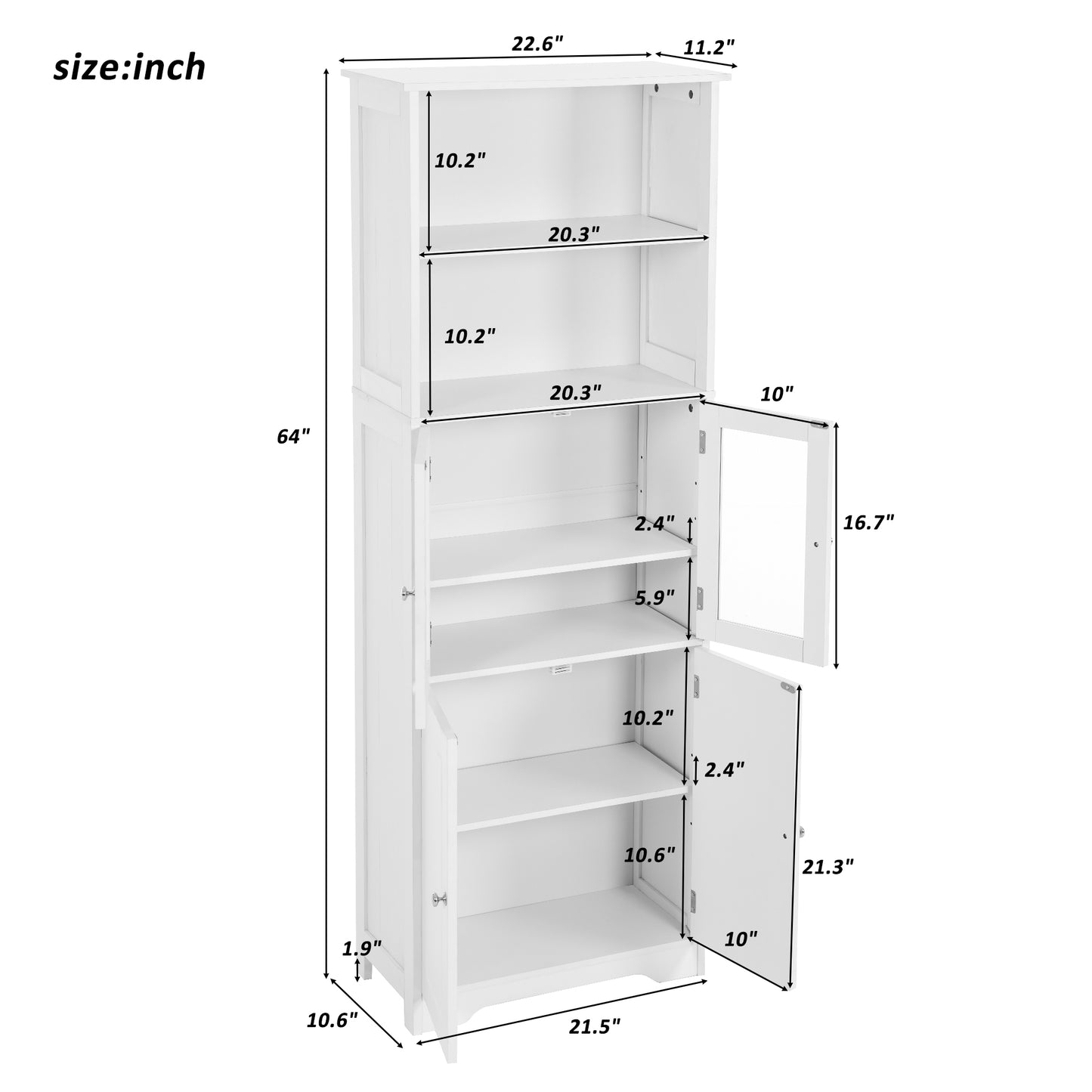 White Tall Storage Cabinet with Shelves and Doors, Versatile MDF Organizer for Bathroom, Kitchen, Living Room