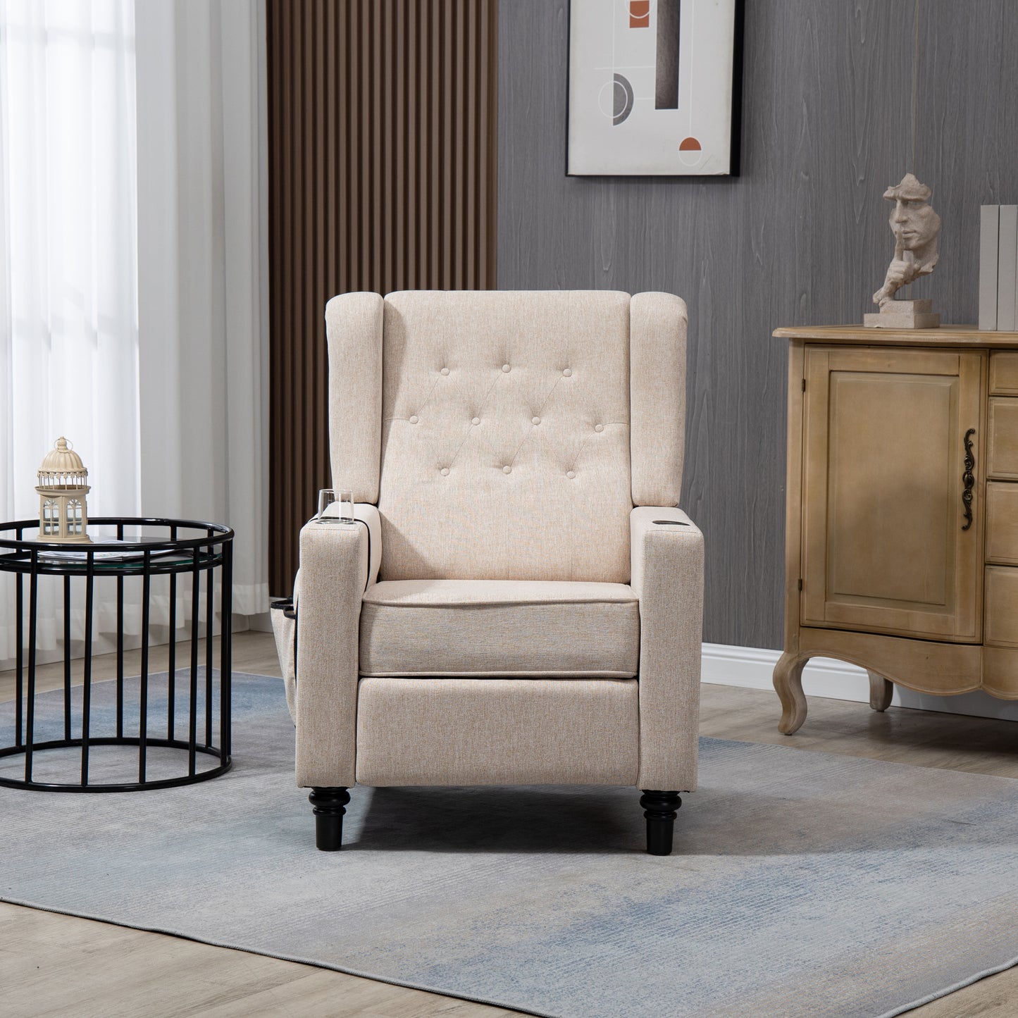 Modern Button Tufted Wingback Recliner Chair - Pushback Manual Living Room Seating, Fabric Single Reclining Sofa, Khaki Yellow