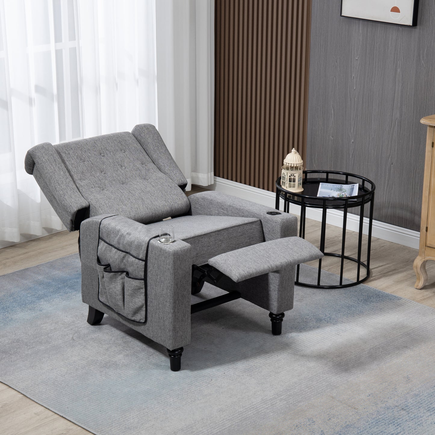 Modern Push Back Recliner Chair, Button Tufted Wingback Design, Fabric Single Reclining Sofa for Living Room & Bedroom, Dark Gray