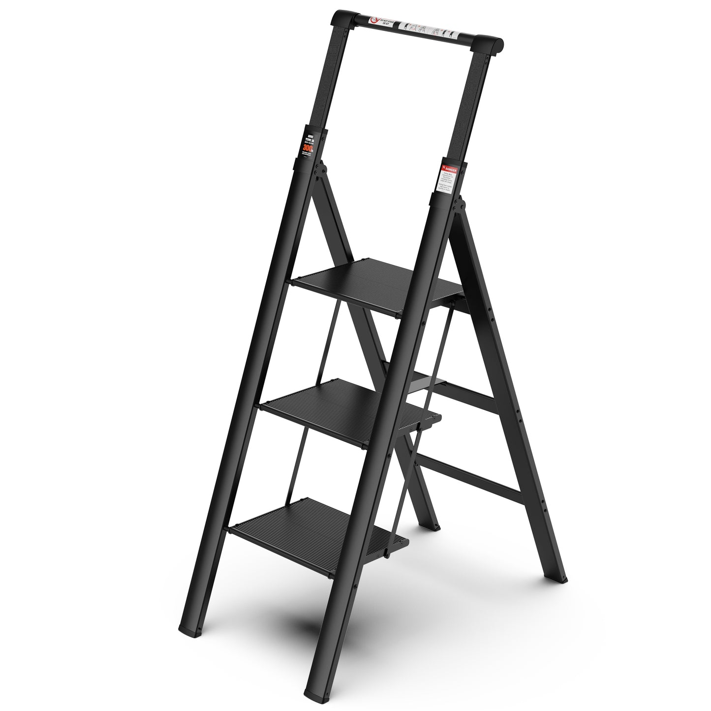 3-Step Folding Ladder with Retractable Handgrip, Anti-Slip Wide Pedal, Aluminum Construction, 300lbs Capacity - Ideal Household Step Stool