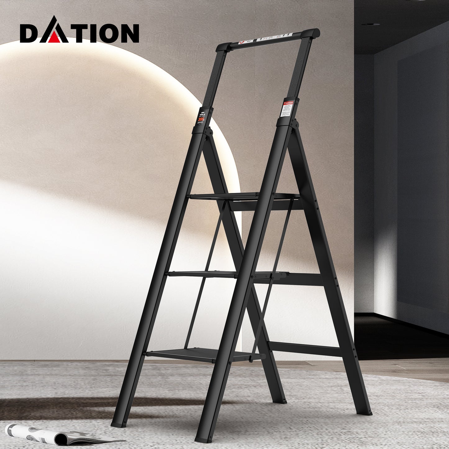 3-Step Folding Ladder with Retractable Handgrip, Anti-Slip Wide Pedal, Aluminum Construction, 300lbs Capacity - Ideal Household Step Stool