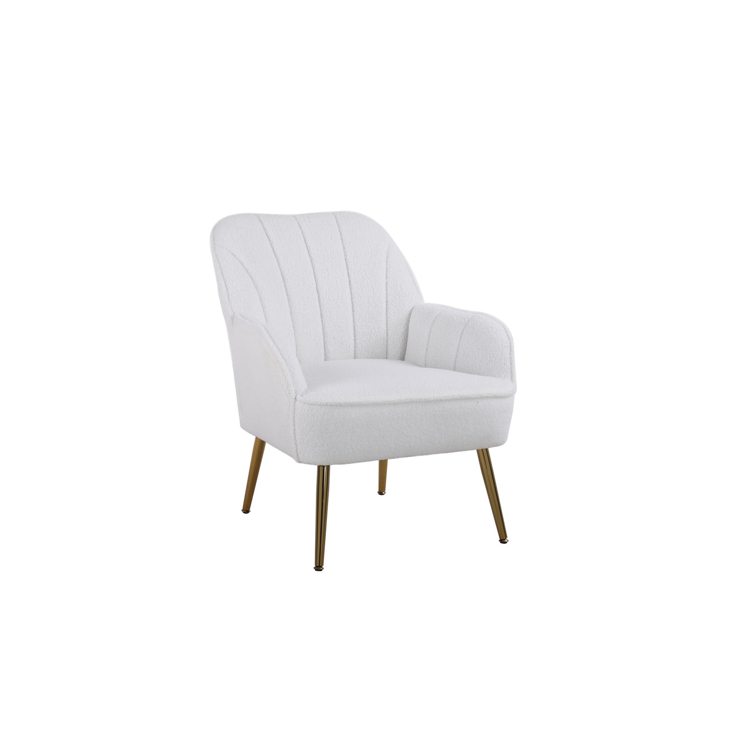 Modern Soft White Teddy Fabric Accent Chair - Ergonomic Living Room & Bedroom Chair with Gold Adjustable Legs - Ivory