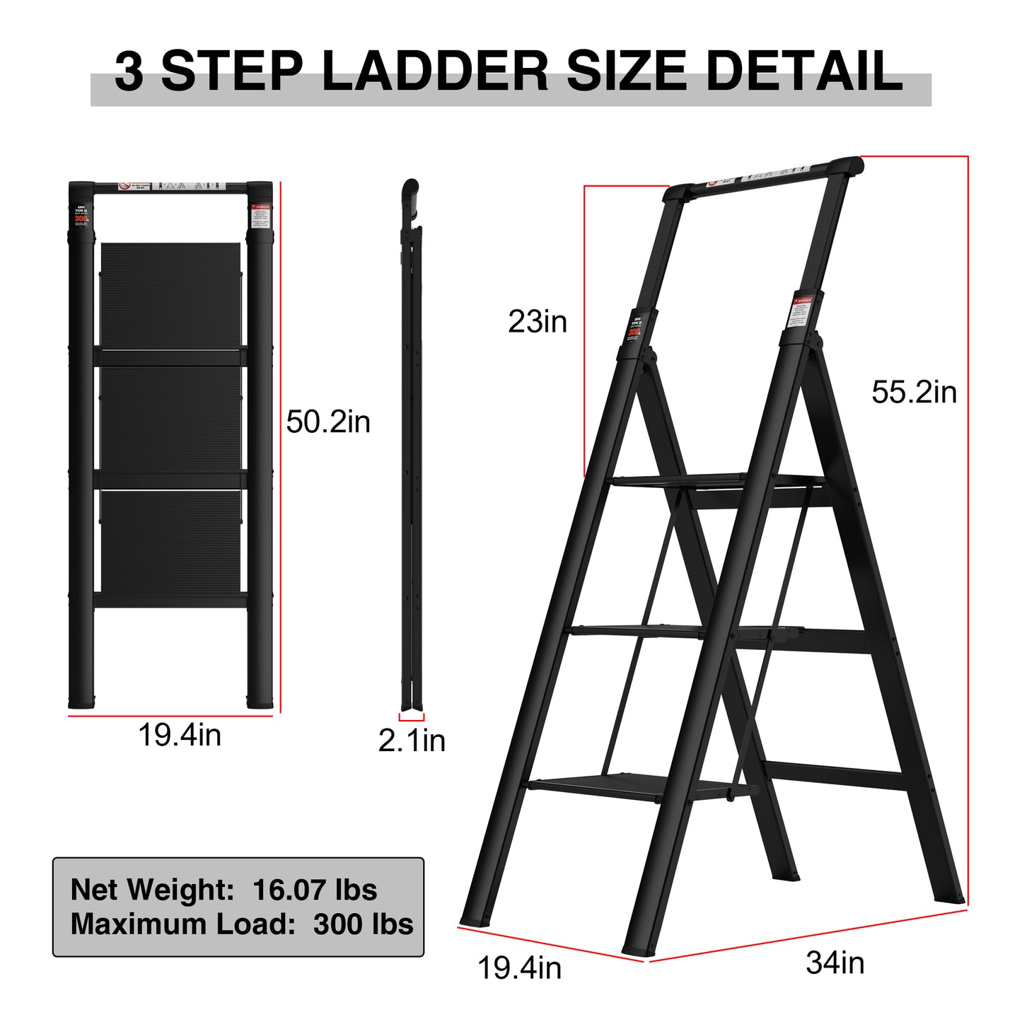 3-Step Folding Ladder with Retractable Handgrip, Anti-Slip Wide Pedal, Aluminum Construction, 300lbs Capacity - Ideal Household Step Stool