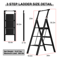 3-Step Folding Ladder with Retractable Handgrip, Anti-Slip Wide Pedal, Aluminum Construction, 300lbs Capacity - Ideal Household Step Stool