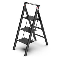 3-Step Folding Ladder with Retractable Handgrip, Anti-Slip Wide Pedal, Aluminum Construction, 300lbs Capacity - Ideal Household Step Stool