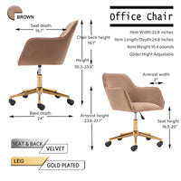 Velvet Fabric Adjustable Height Revolving Home Office Chair with Gold Metal Legs and Universal Wheels for Indoor, Light Coffee