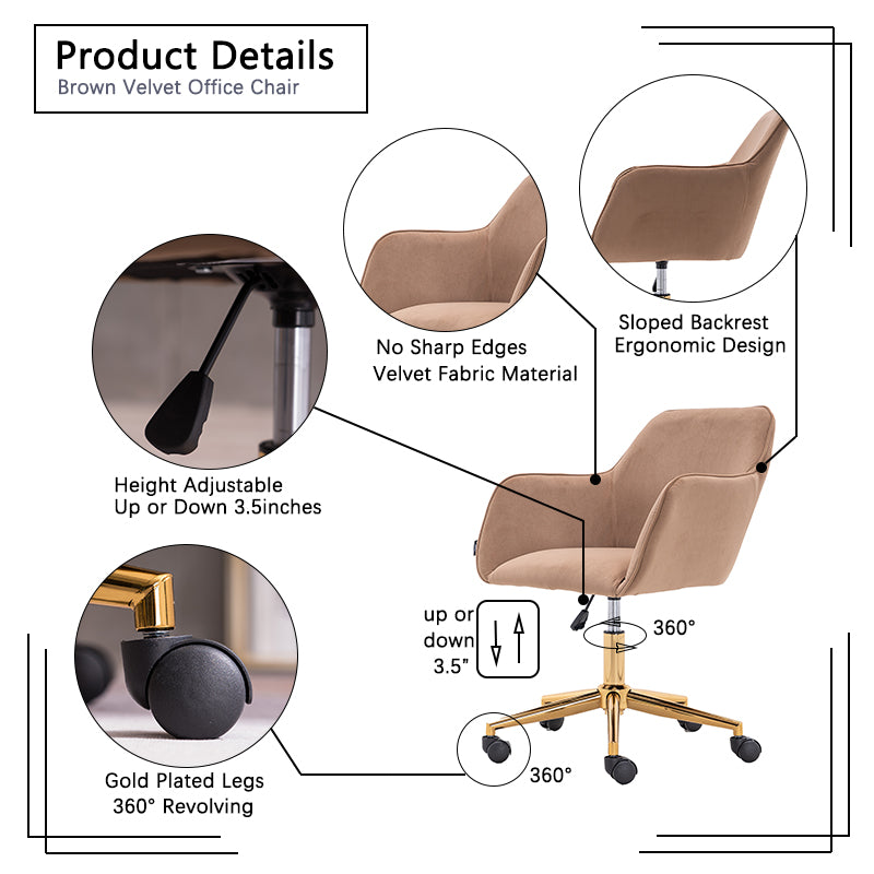 Velvet Fabric Adjustable Height Revolving Home Office Chair with Gold Metal Legs and Universal Wheels for Indoor, Light Coffee