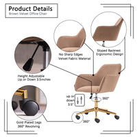 Velvet Fabric Adjustable Height Revolving Home Office Chair with Gold Metal Legs and Universal Wheels for Indoor, Light Coffee