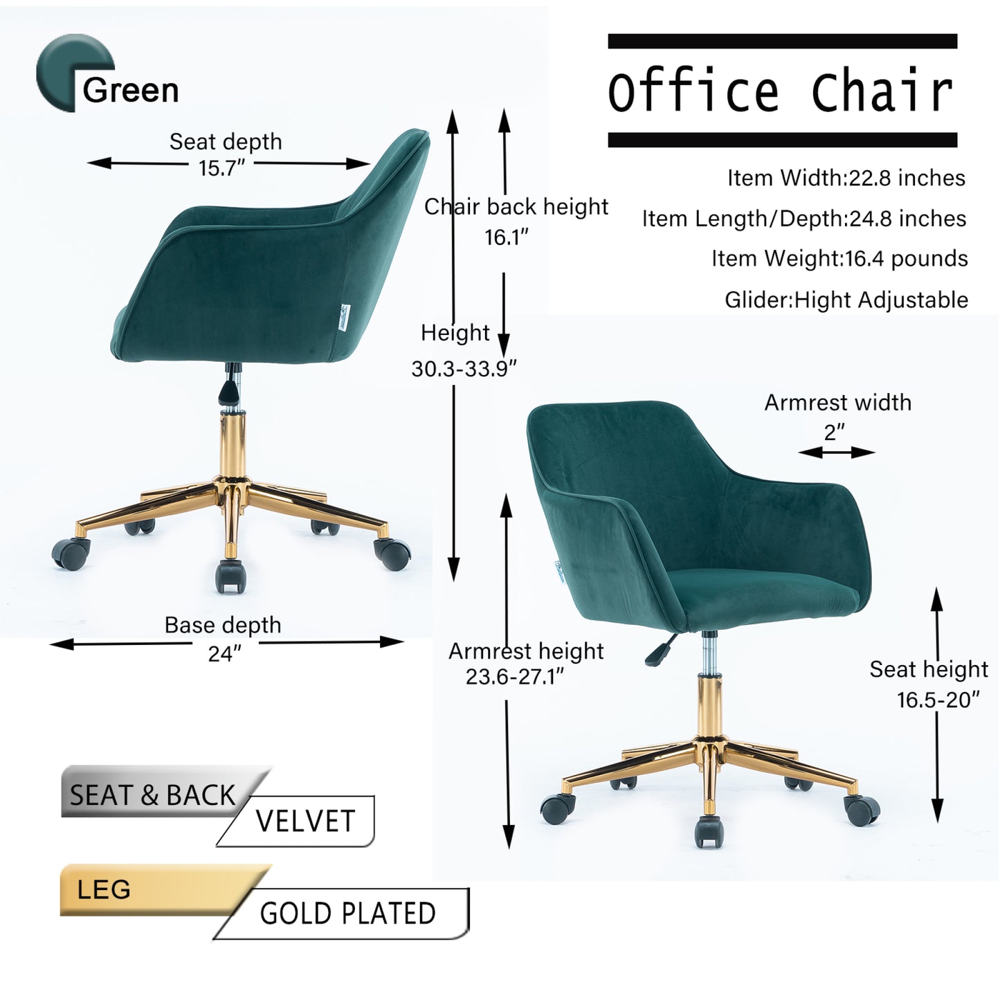 Stylish Modern Velvet Adjustable Height 360° Revolving Office Chair with Gold Legs & Wheels - Dark Green Indoor Furniture