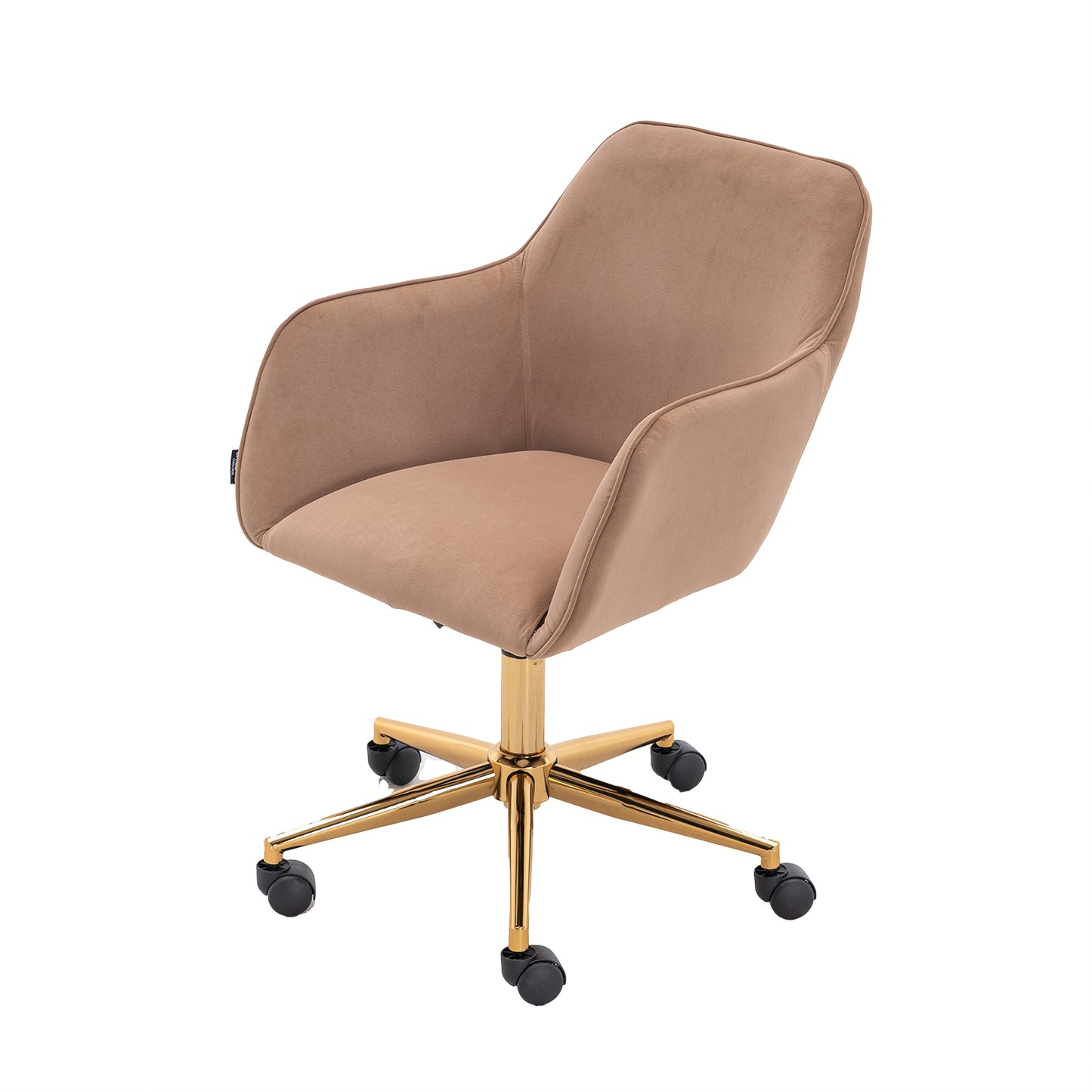 Velvet Fabric Adjustable Height Revolving Home Office Chair with Gold Metal Legs and Universal Wheels for Indoor, Light Coffee