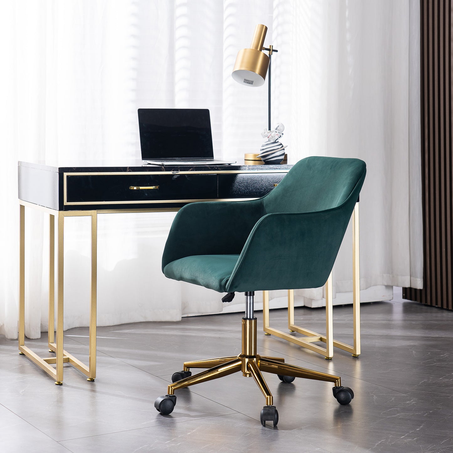 Stylish Modern Velvet Adjustable Height 360° Revolving Office Chair with Gold Legs & Wheels - Dark Green Indoor Furniture