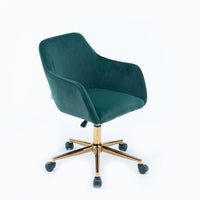 Stylish Modern Velvet Adjustable Height 360° Revolving Office Chair with Gold Legs & Wheels - Dark Green Indoor Furniture