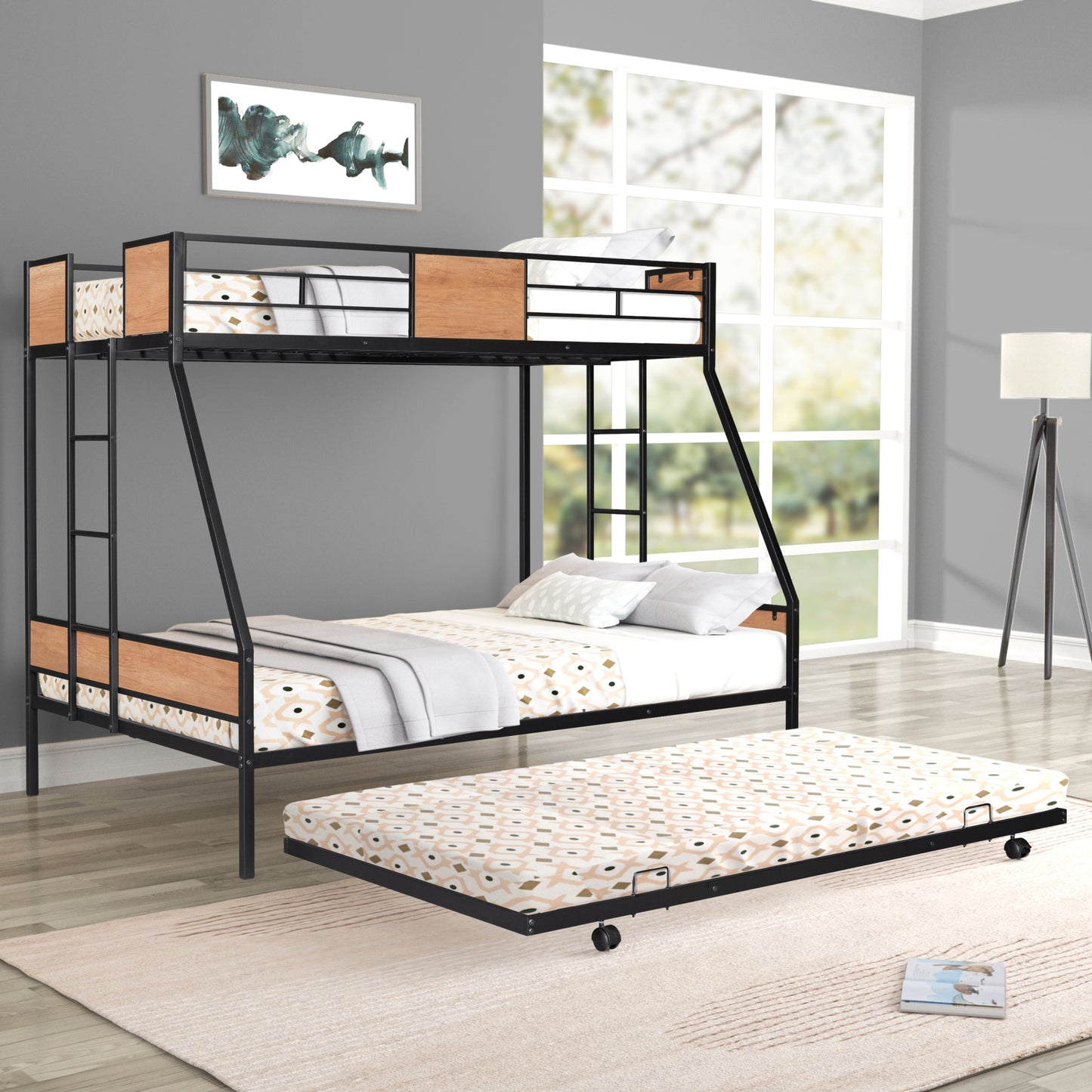 Sturdy Twin Over Full Bunk Bed with Trundle and Guardrail Space-Saving Design for Three with Wooden Accents