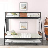 Sturdy Twin Over Full Bunk Bed with Trundle and Guardrail Space-Saving Design for Three with Wooden Accents