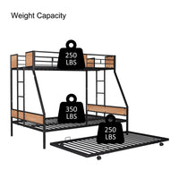 Sturdy Twin Over Full Bunk Bed with Trundle and Guardrail Space-Saving Design for Three with Wooden Accents