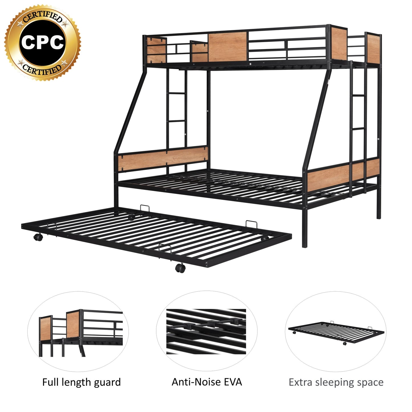 Sturdy Twin Over Full Bunk Bed with Trundle and Guardrail Space-Saving Design for Three with Wooden Accents