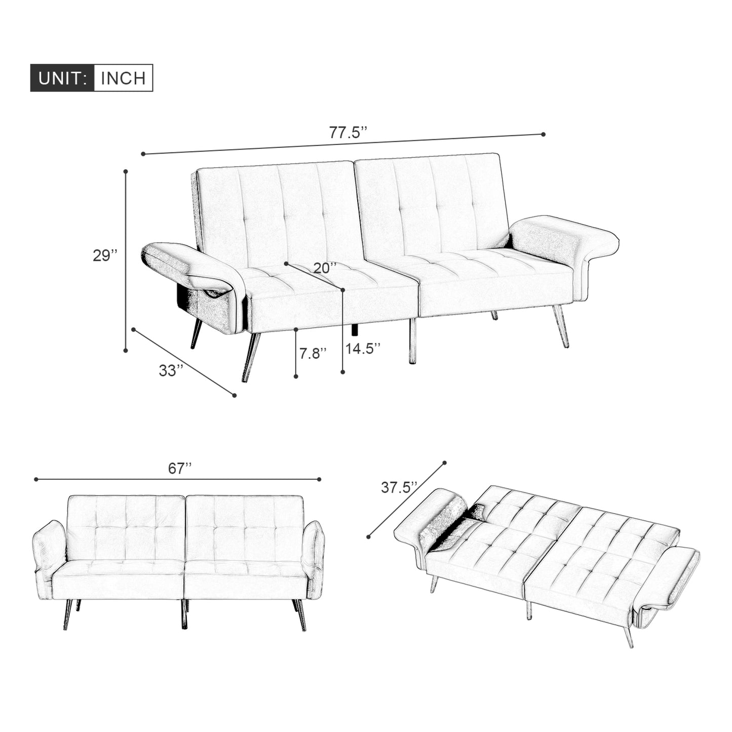 78” Italian Velvet Futon Sofa Bed - Convertible Sleeper Loveseat Couch with Folded Armrests & Storage Bags, Beige