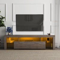 Modern TV Stand with LED Light Belt, Media Console for Living Room/Bedroom, Toughened Glass Shelf & Metal Handle, Brown Entertainment Center