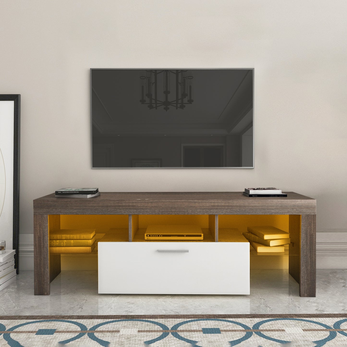 Modern TV Stand with Toughened Glass Shelf and LED Color Changing Lights for Living Room Brown and White Floor Cabinet