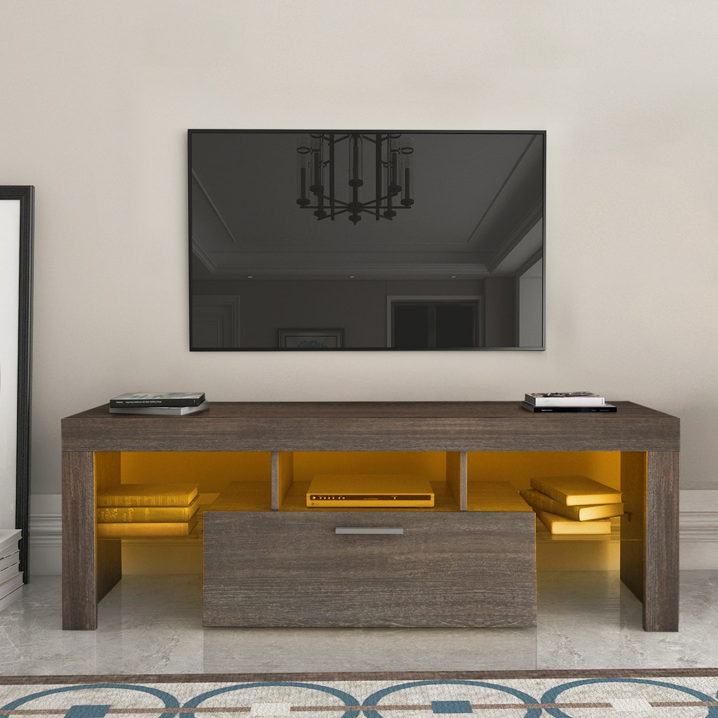 20-Minute Quick Assembly Brown Modern TV Stand with Toughened Glass Shelf & LED Color Changing Lights - Stylish Floor Cabinet