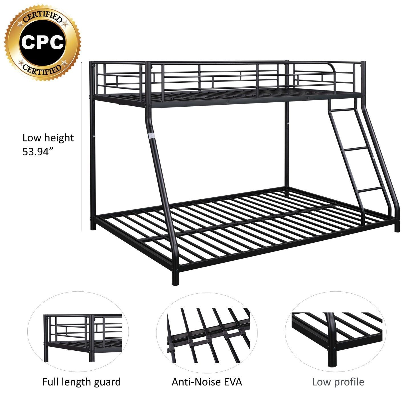 Heavy-Duty Metal Twin Over Full Bunk Bed - Sturdy, Noise-Reduced Design with Safety Guardrail - CPC Certified, No Box Spring Needed