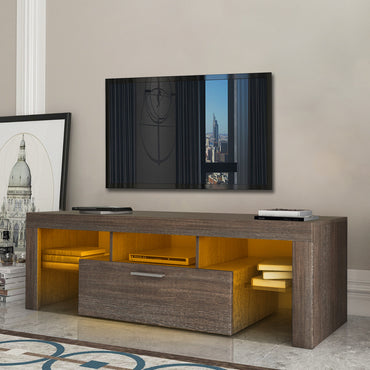 20-Minute Quick Assembly Brown Modern TV Stand with Toughened Glass Shelf & LED Color Changing Lights - Stylish Floor Cabinet