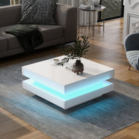 High Gloss Minimalist 2-Tier Square Coffee Table with LED Lights for Living Room, 31.5''x31.5''x14.2'', White
