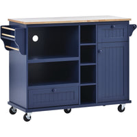 Kitchen Island Cart with Storage Cabinet & Locking Wheels, Solid Wood Top, Microwave Buffet Server for Kitchen, Dining, Bathroom – Dark Blue