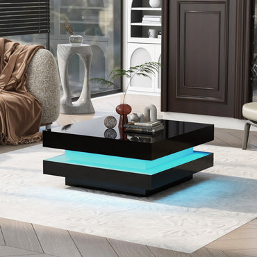 High Gloss Minimalist LED 2-Tier Square Coffee Table, Modern Center Table for Living Room, 31.5x31.5x14.2, Black Finish