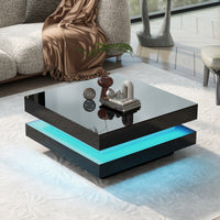 High Gloss Minimalist LED 2-Tier Square Coffee Table, Modern Center Table for Living Room, 31.5x31.5x14.2, Black Finish