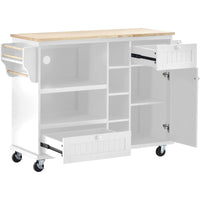 Kitchen Island Cart with Storage Cabinet & Locking Wheels, Solid Wood Top, Microwave Stand, Floor Standing Buffet Server for Kitchen (White)