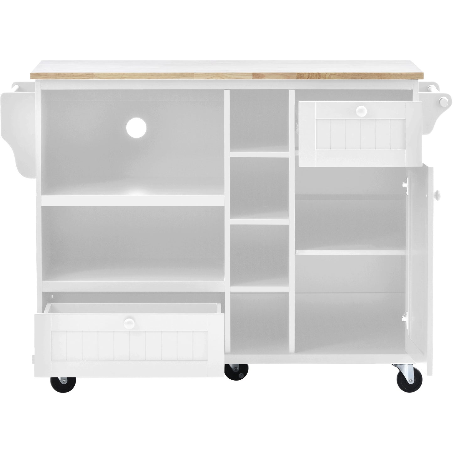 Kitchen Island Cart with Storage Cabinet & Locking Wheels, Solid Wood Top, Microwave Stand, Floor Standing Buffet Server for Kitchen (White)