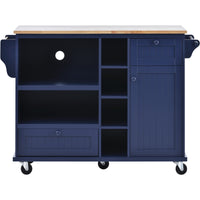 Kitchen Island Cart with Storage Cabinet & Locking Wheels, Solid Wood Top, Microwave Buffet Server for Kitchen, Dining, Bathroom – Dark Blue