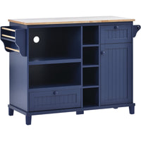 Kitchen Island Cart with Storage Cabinet & Locking Wheels, Solid Wood Top, Microwave Buffet Server for Kitchen, Dining, Bathroom – Dark Blue