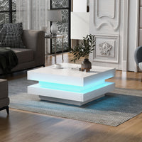 High Gloss Minimalist 2-Tier Square Coffee Table with LED Lights for Living Room, 31.5''x31.5''x14.2'', White